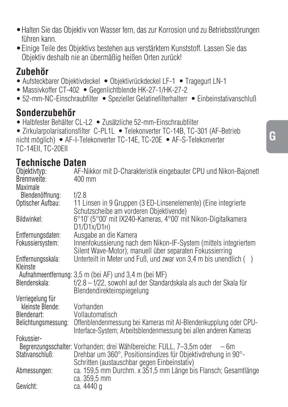 Zubehör, Sonderzubehör, Technische daten | Nikon 400mm-f-28-IF-ED-II-AF-S-Nikkor User Manual | Page 23 / 56