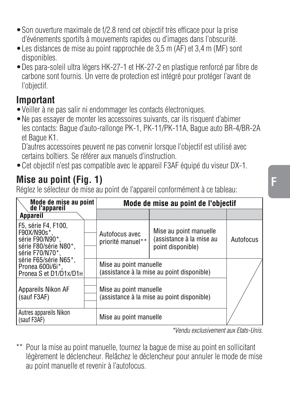 Important, Mise au point (fig. 1) | Nikon 400mm-f-28-IF-ED-II-AF-S-Nikkor User Manual | Page 25 / 56
