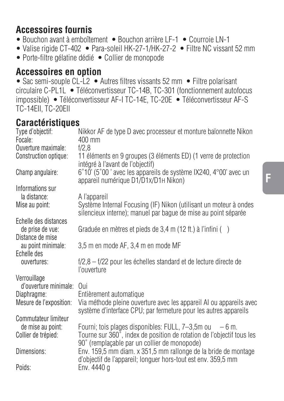 Accessoires fournis, Accessoires en option, Caractéristiques | Nikon 400mm-f-28-IF-ED-II-AF-S-Nikkor User Manual | Page 29 / 56