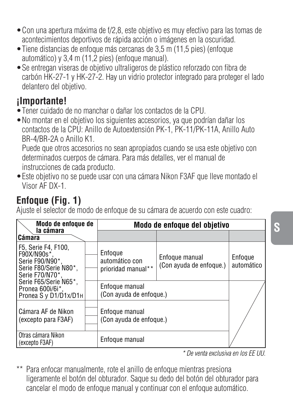 Importante, Enfoque (fig. 1) | Nikon 400mm-f-28-IF-ED-II-AF-S-Nikkor User Manual | Page 31 / 56