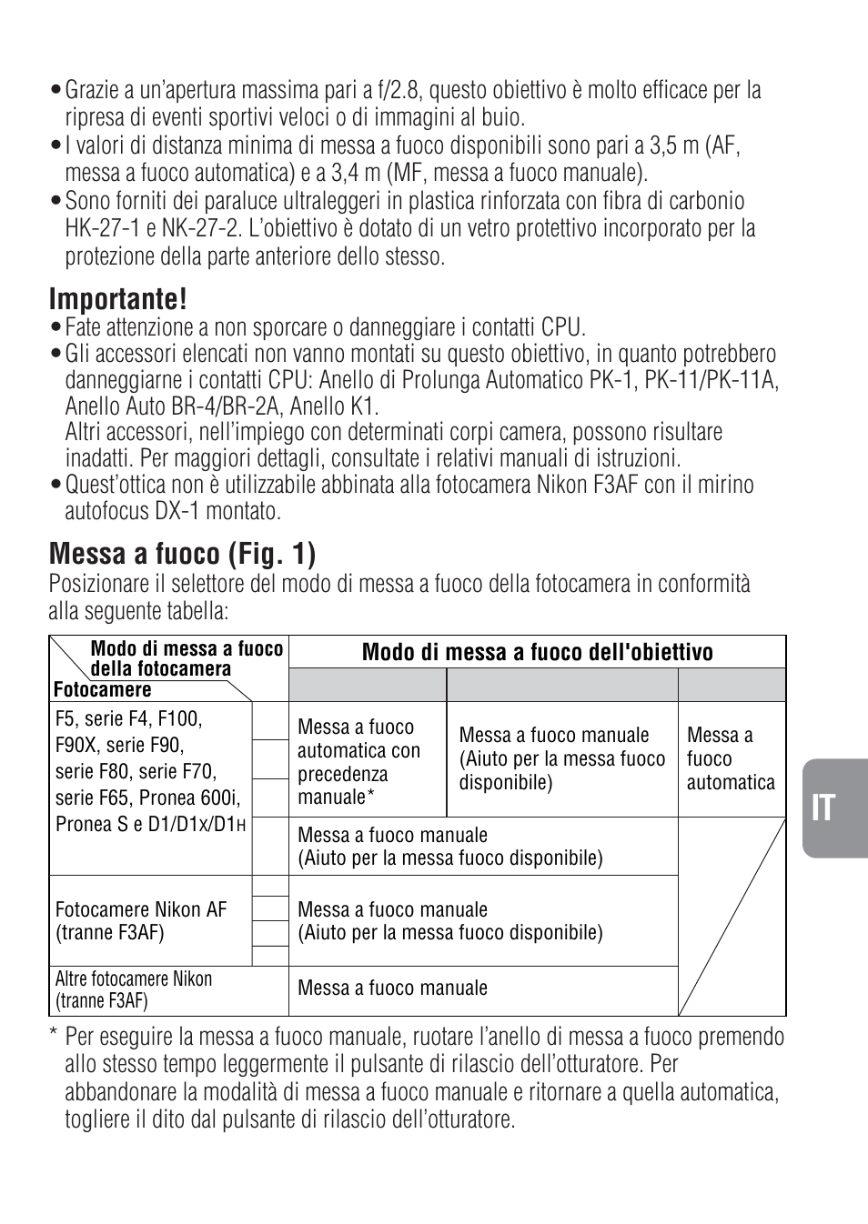 Importante, Messa a fuoco (fig. 1) | Nikon 400mm-f-28-IF-ED-II-AF-S-Nikkor User Manual | Page 37 / 56