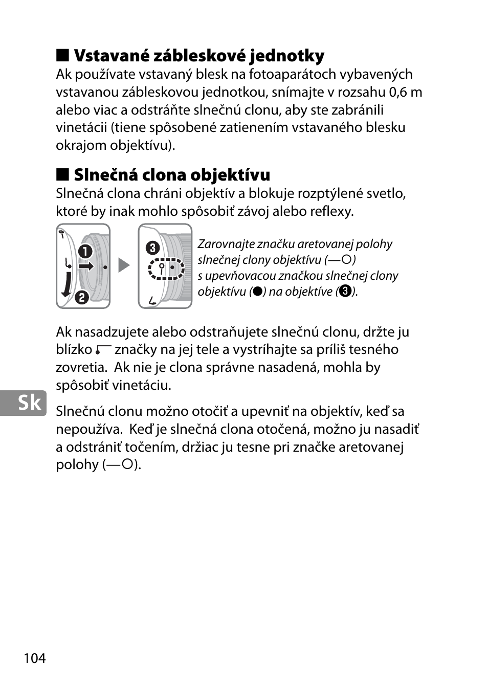 Vstavané zábleskové jednotky, Slnečná clona objektívu | Nikon 28mm-f-18G-AF-S-Nikkor User Manual | Page 104 / 176