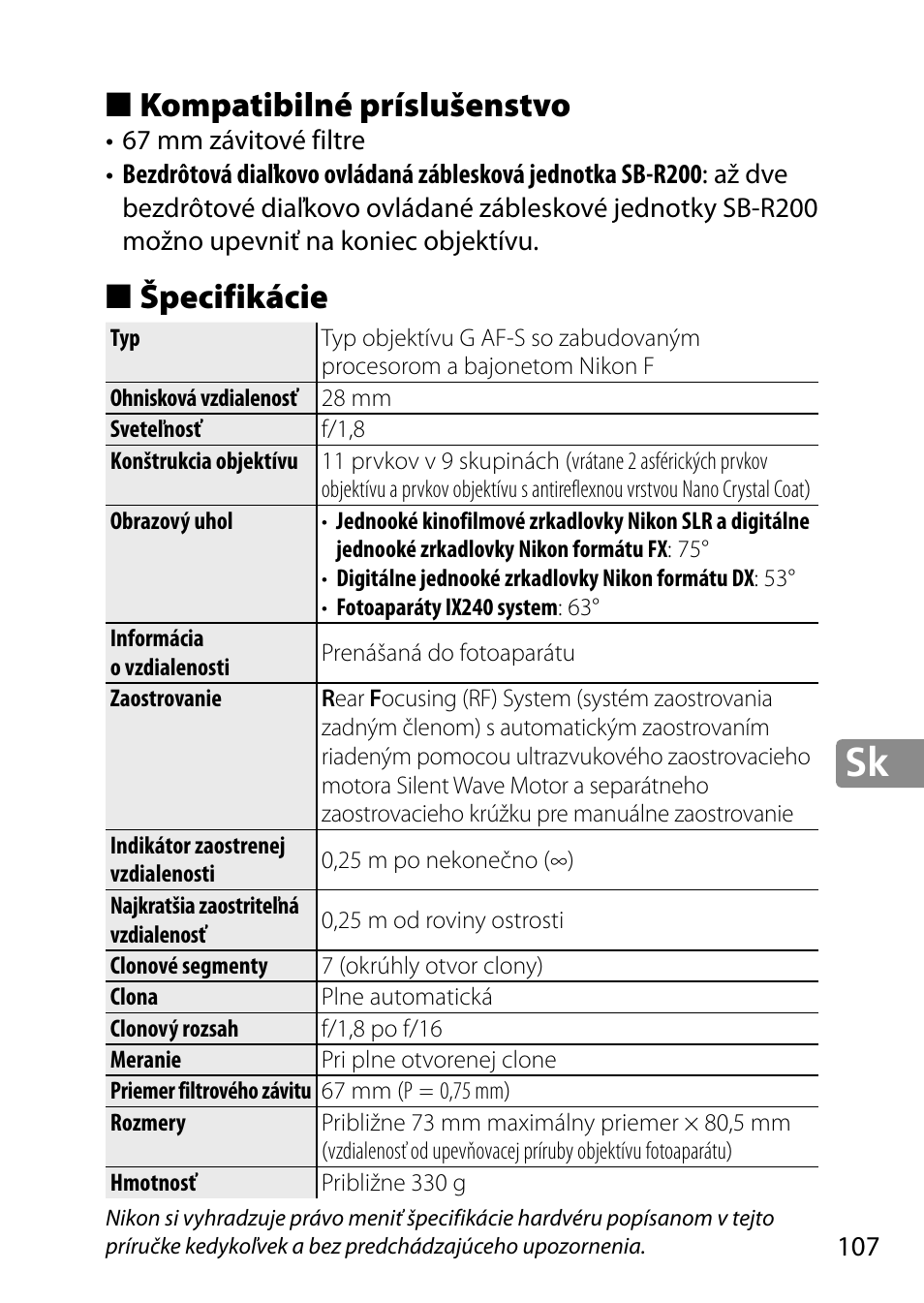 Kompatibilné príslušenstvo, Špecifikácie | Nikon 28mm-f-18G-AF-S-Nikkor User Manual | Page 107 / 176