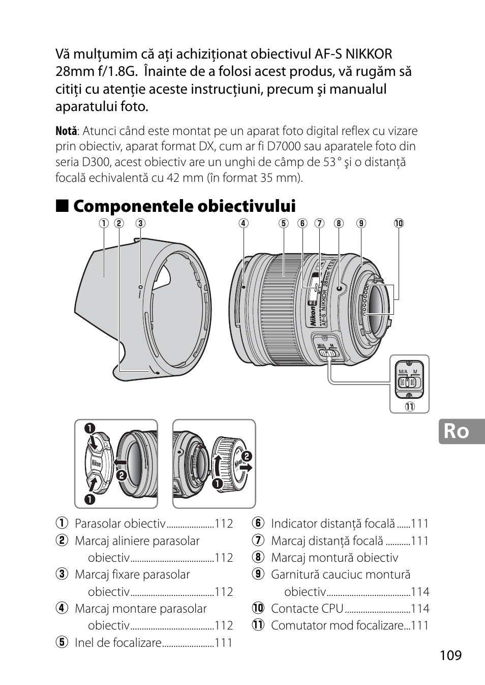 Componentele obiectivului | Nikon 28mm-f-18G-AF-S-Nikkor User Manual | Page 109 / 176