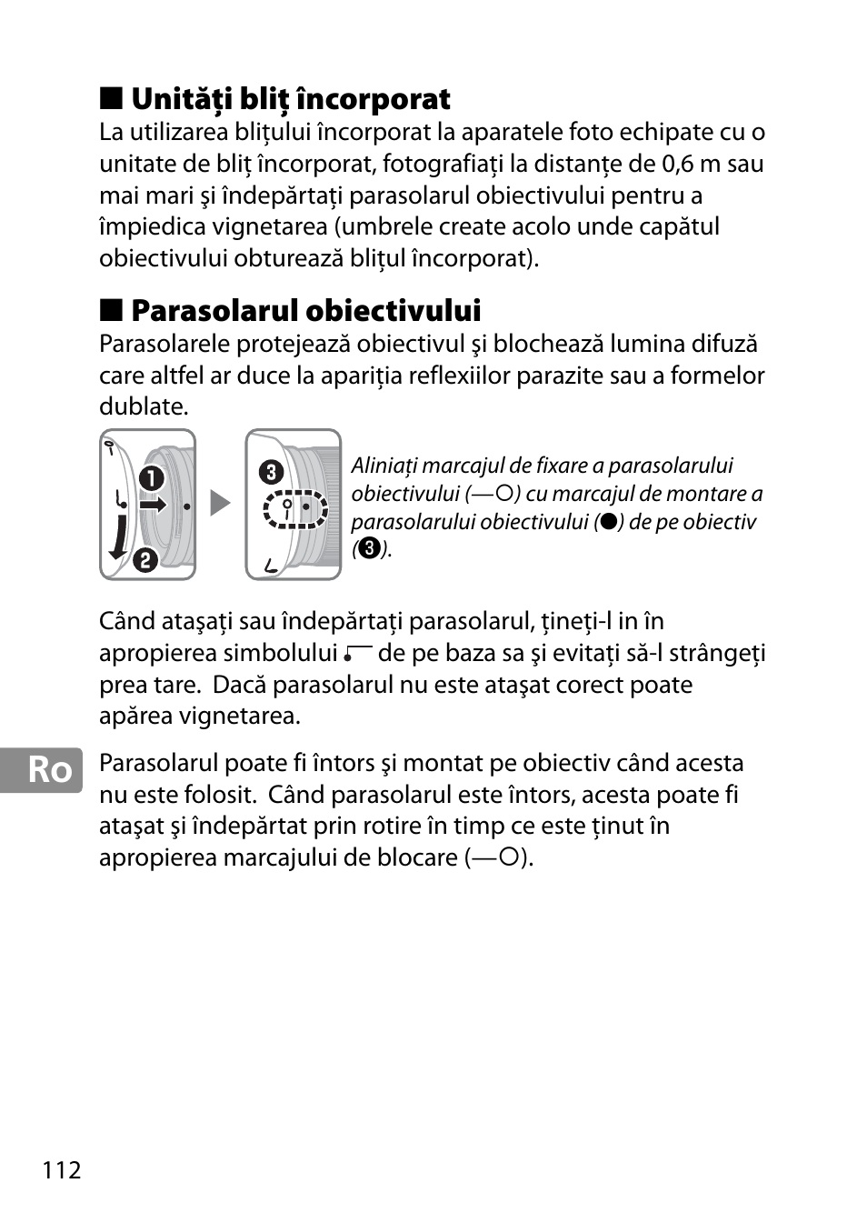 Unităţi bliţ încorporat, Parasolarul obiectivului | Nikon 28mm-f-18G-AF-S-Nikkor User Manual | Page 112 / 176