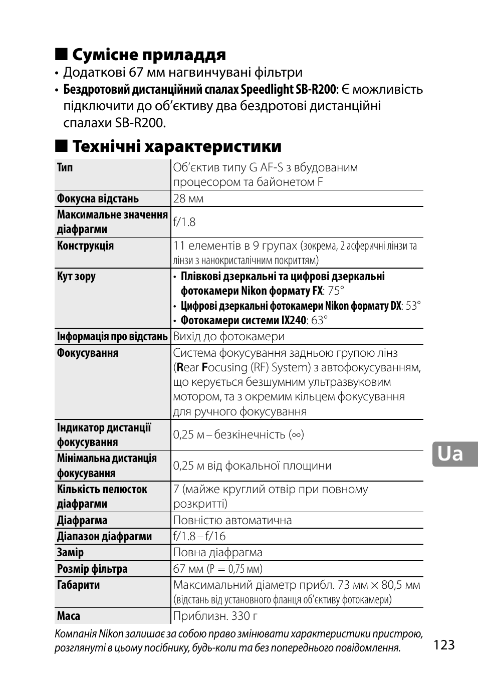 Сумісне приладдя, Технічні характеристики | Nikon 28mm-f-18G-AF-S-Nikkor User Manual | Page 123 / 176