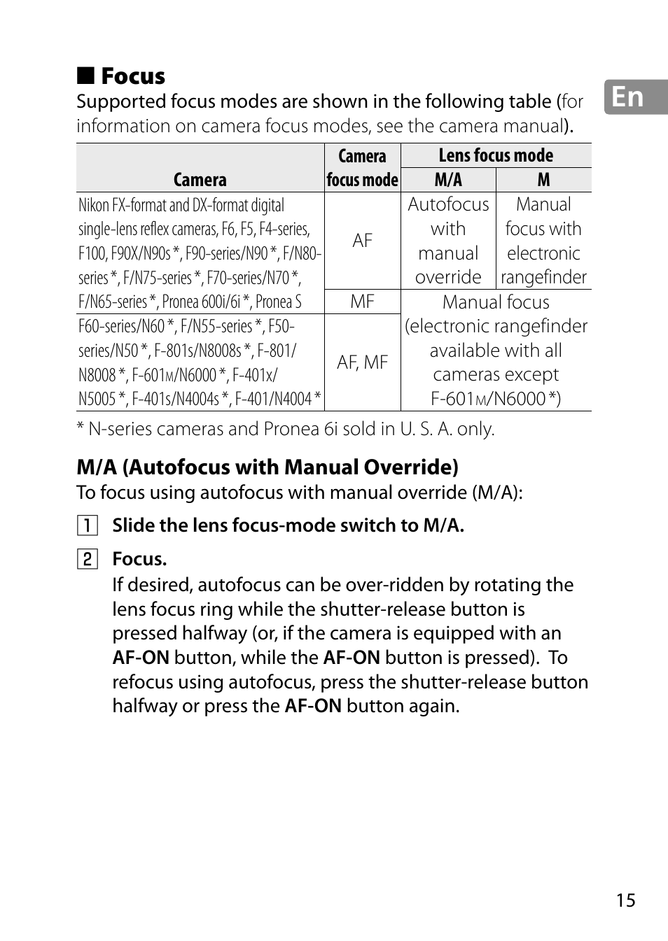 Focus, M/a (autofocus with manual override) | Nikon 28mm-f-18G-AF-S-Nikkor User Manual | Page 15 / 176