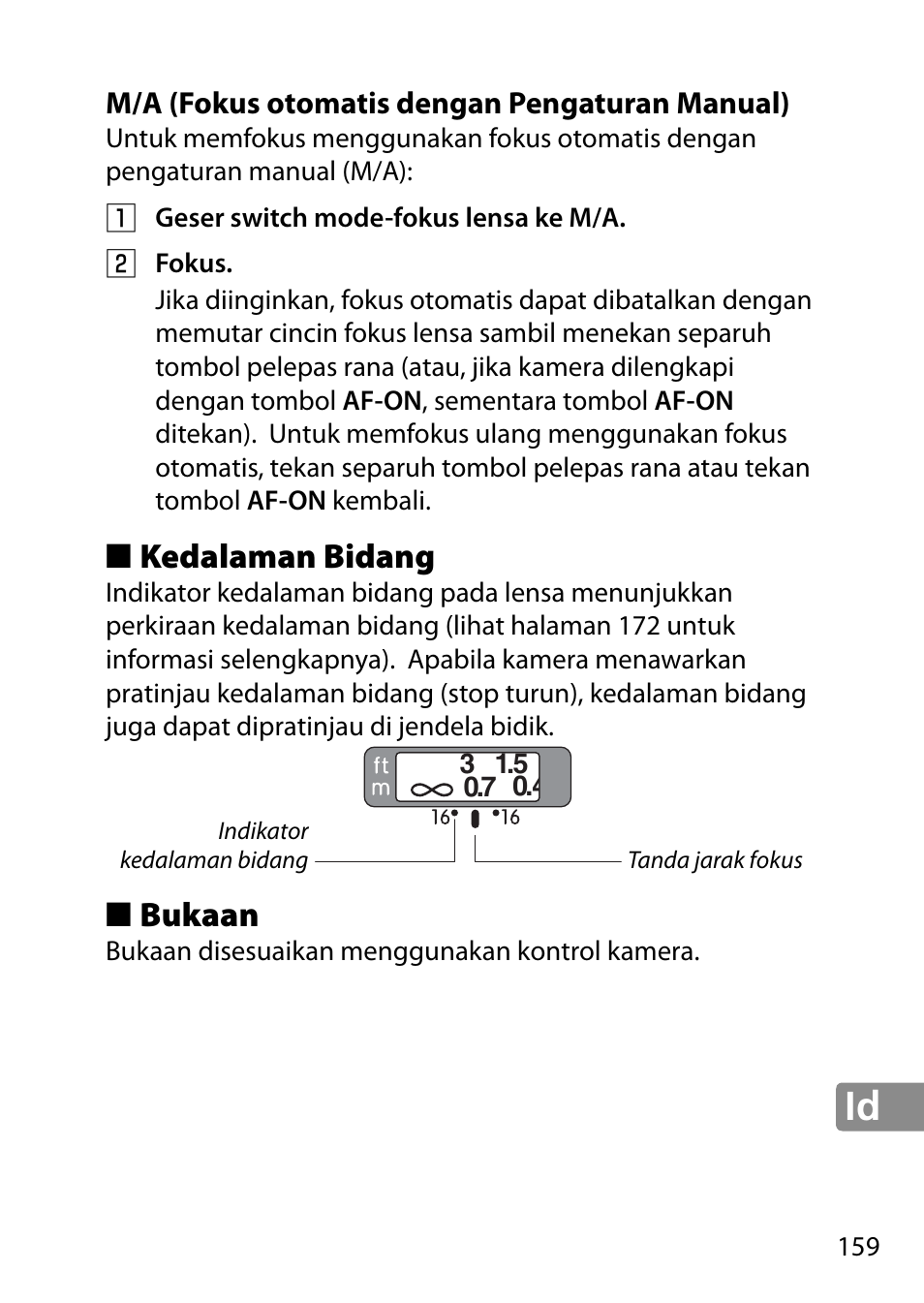 M/a (fokus otomatis dengan pengaturan manual), Kedalaman bidang, Bukaan | Nikon 28mm-f-18G-AF-S-Nikkor User Manual | Page 159 / 176