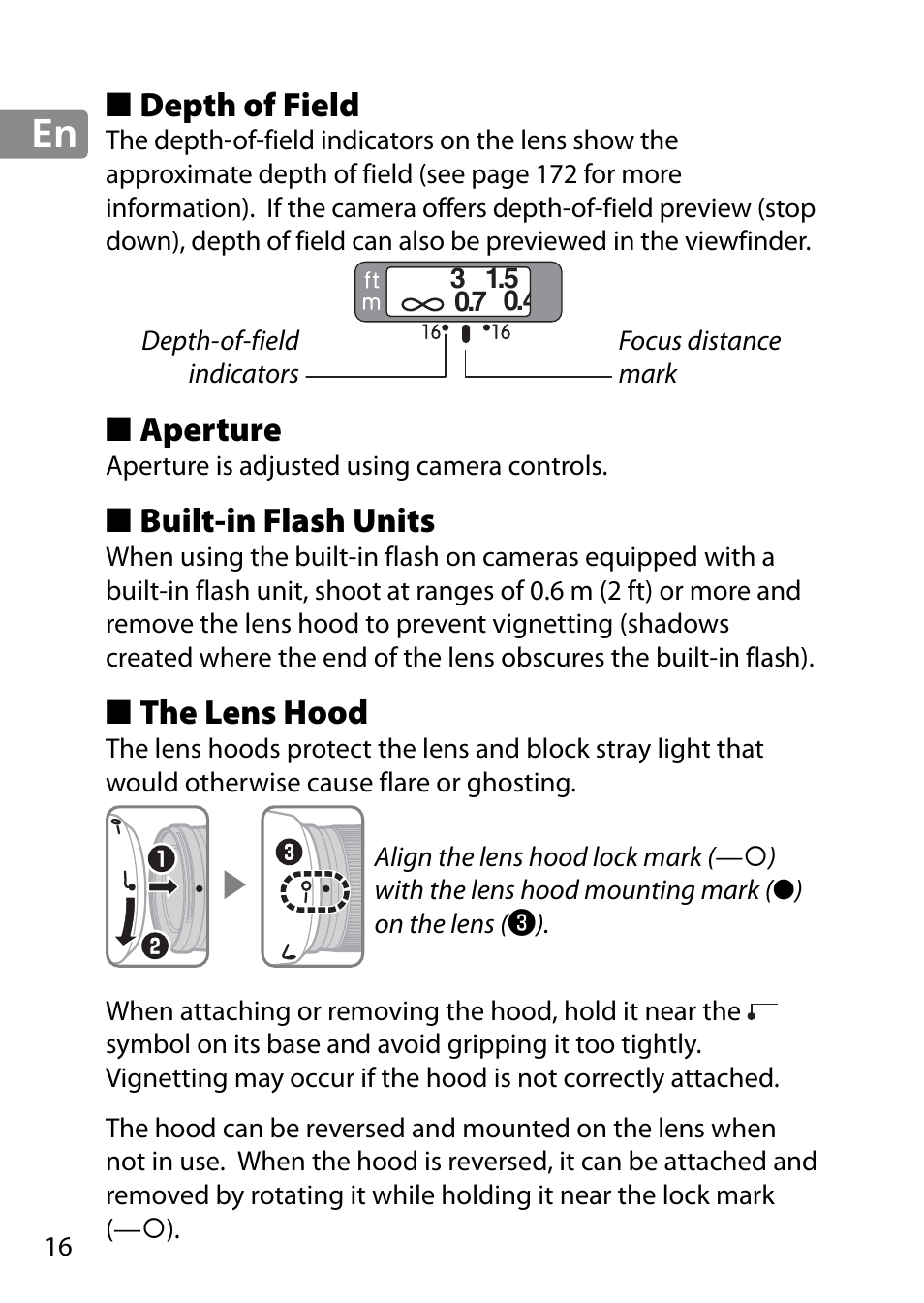 Depth of field, Aperture, Built-in flash units | The lens hood | Nikon 28mm-f-18G-AF-S-Nikkor User Manual | Page 16 / 176