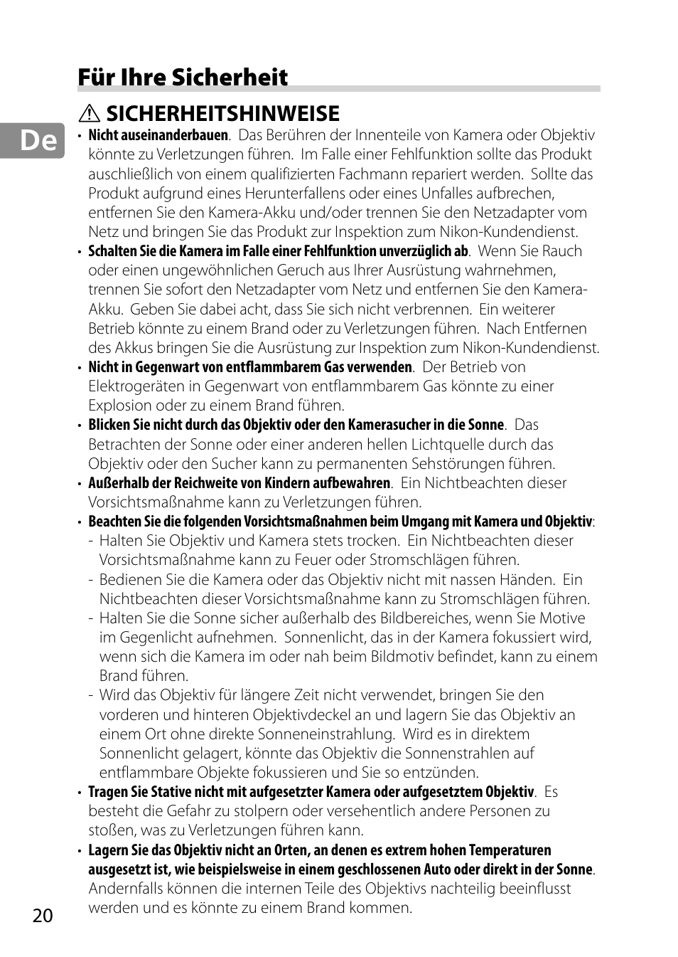 Für ihre sicherheit, Sicherheitshinweise | Nikon 28mm-f-18G-AF-S-Nikkor User Manual | Page 20 / 176