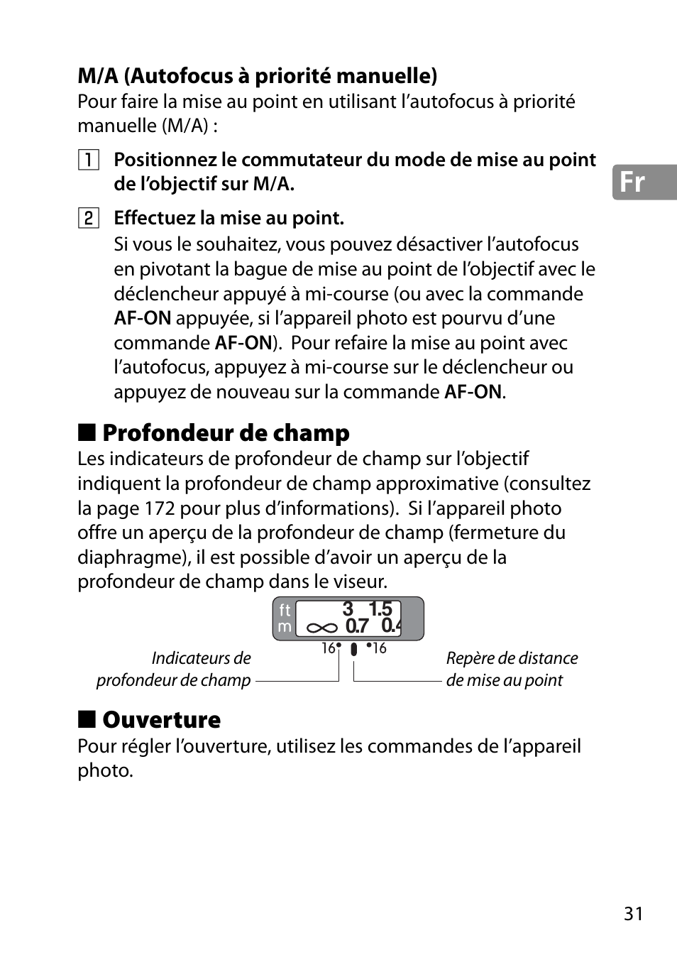 M/a (autofocus à priorité manuelle), Profondeur de champ, Ouverture | Nikon 28mm-f-18G-AF-S-Nikkor User Manual | Page 31 / 176