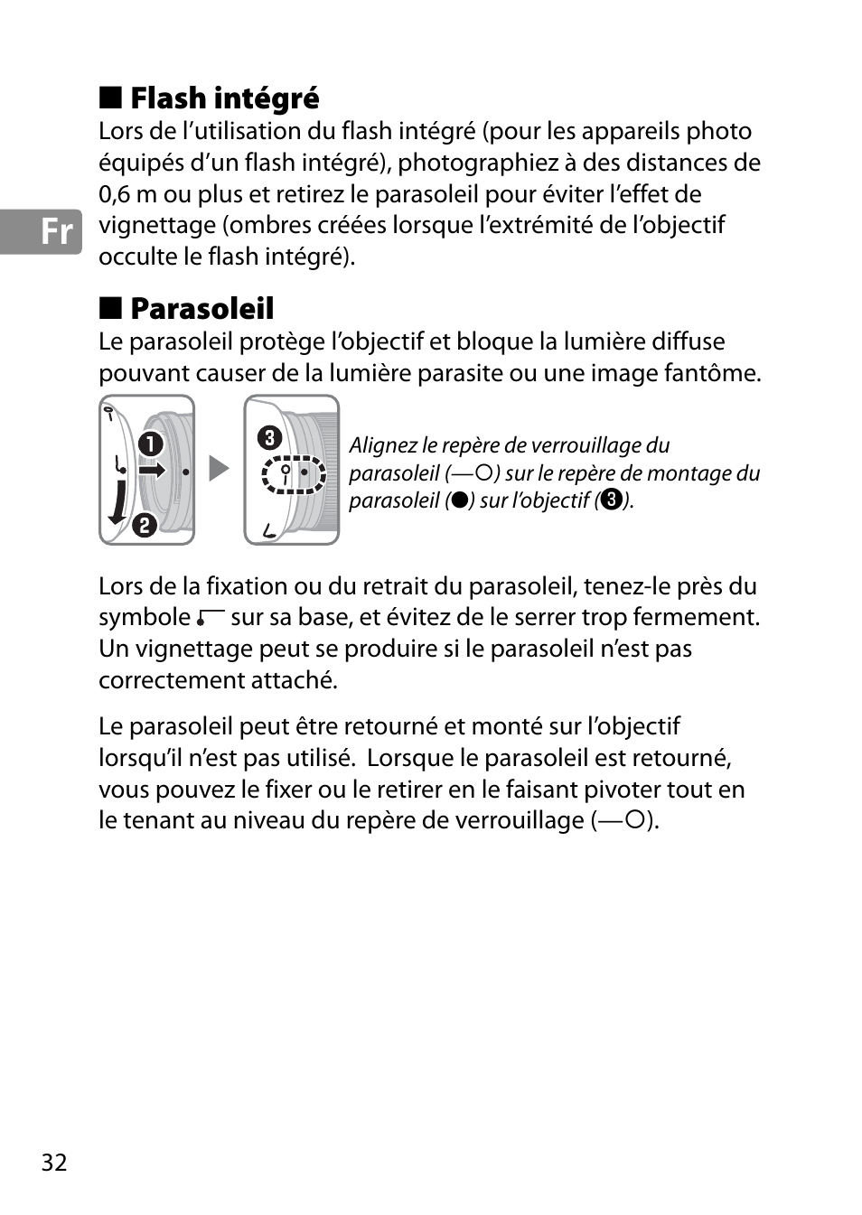 Flash intégré, Parasoleil | Nikon 28mm-f-18G-AF-S-Nikkor User Manual | Page 32 / 176