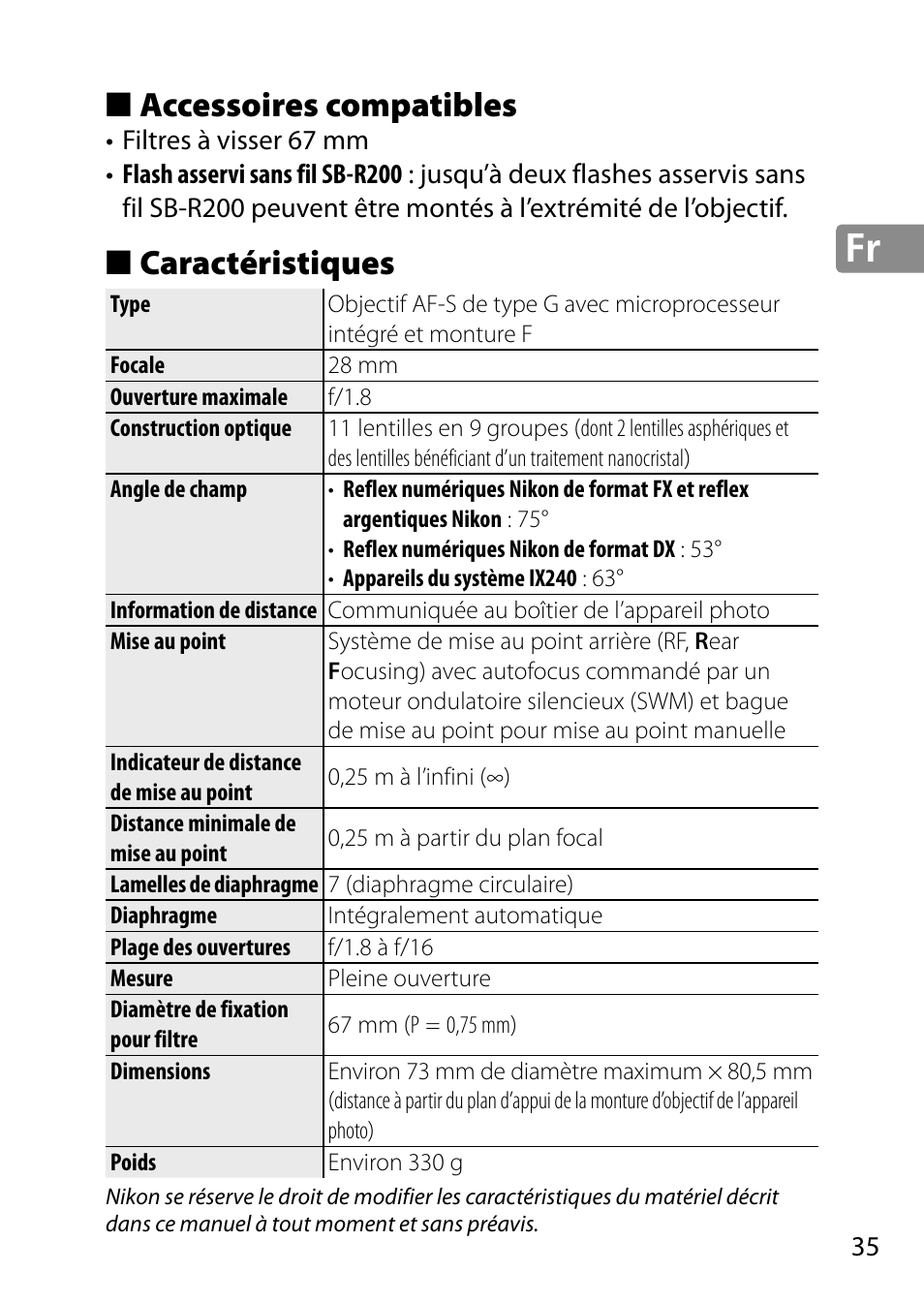 Accessoires compatibles, Caractéristiques | Nikon 28mm-f-18G-AF-S-Nikkor User Manual | Page 35 / 176