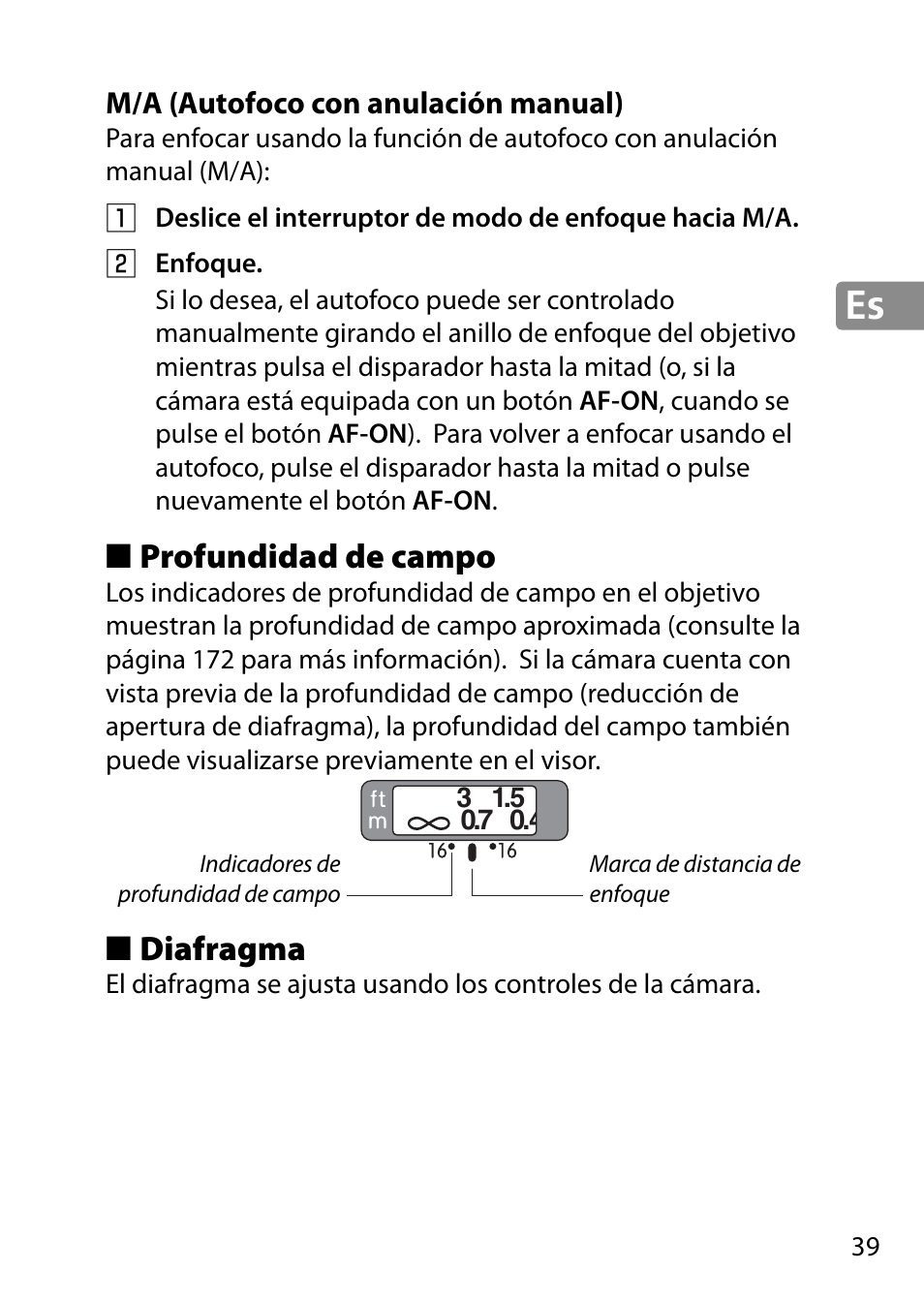 M/a (autofoco con anulación manual), Profundidad de campo, Diafragma | Nikon 28mm-f-18G-AF-S-Nikkor User Manual | Page 39 / 176