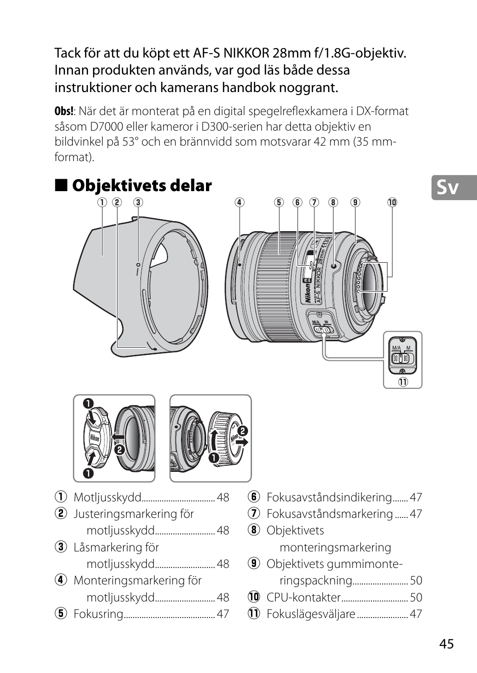 Objektivets delar | Nikon 28mm-f-18G-AF-S-Nikkor User Manual | Page 45 / 176