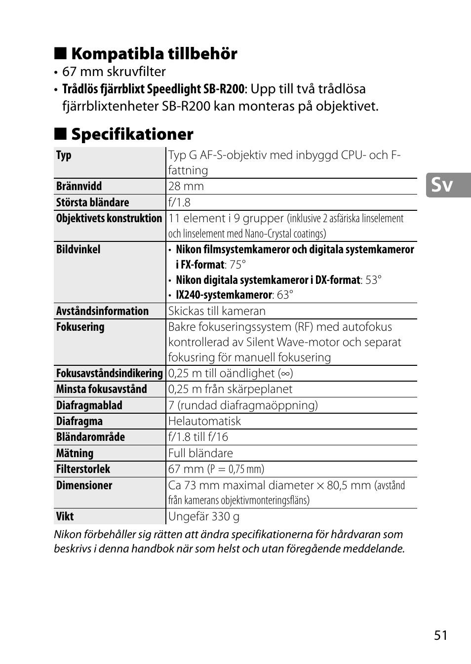 Kompatibla tillbehör, Specifikationer | Nikon 28mm-f-18G-AF-S-Nikkor User Manual | Page 51 / 176