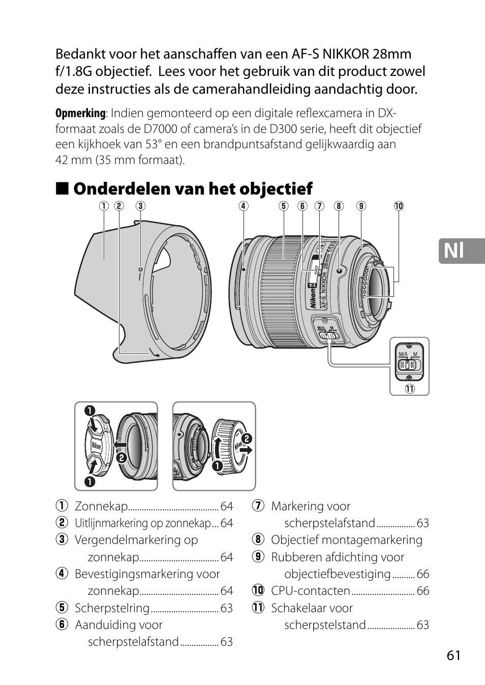 Onderdelen van het objectief | Nikon 28mm-f-18G-AF-S-Nikkor User Manual | Page 61 / 176