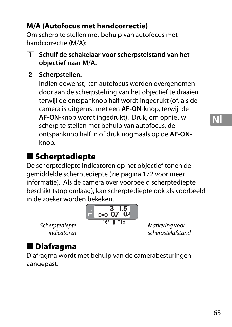 M/a (autofocus met handcorrectie), Scherptediepte, Diafragma | Nikon 28mm-f-18G-AF-S-Nikkor User Manual | Page 63 / 176