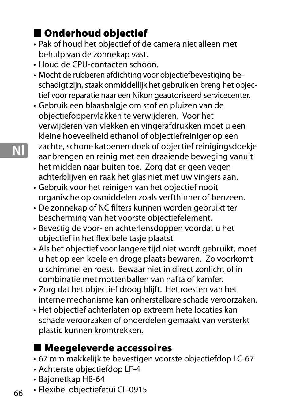 Onderhoud objectief, Meegeleverde accessoires | Nikon 28mm-f-18G-AF-S-Nikkor User Manual | Page 66 / 176