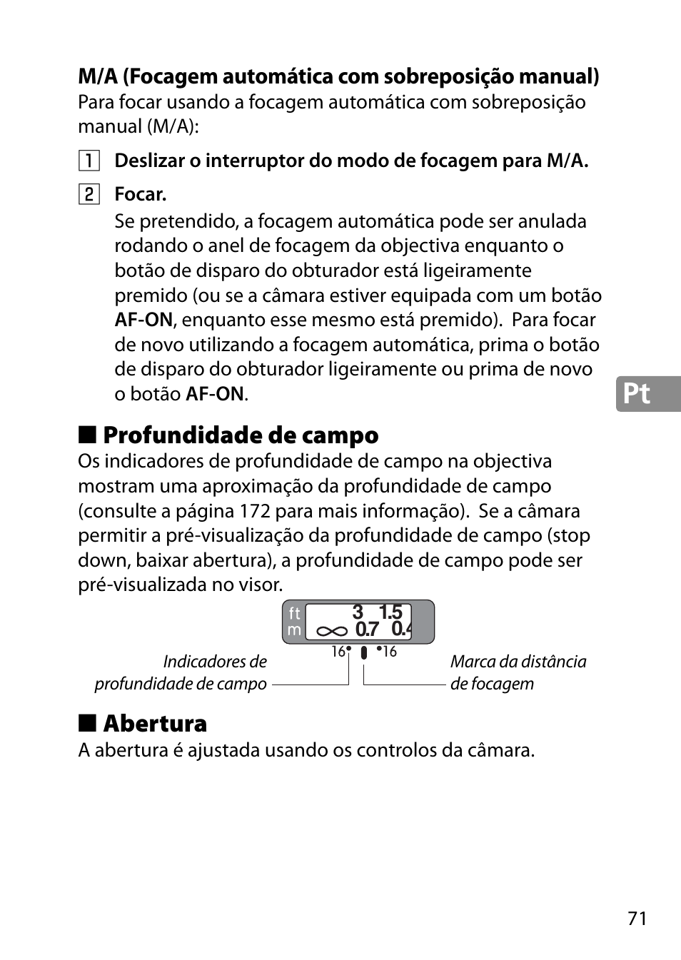 M/a (focagem automática com sobreposição manual), Profundidade de campo, Abertura | Nikon 28mm-f-18G-AF-S-Nikkor User Manual | Page 71 / 176