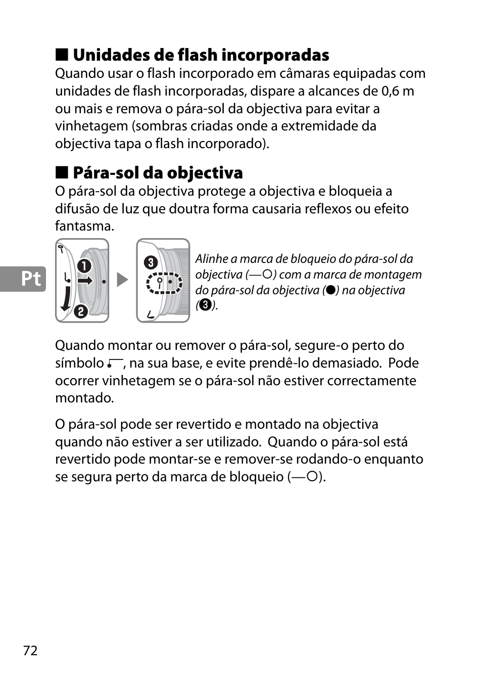 Unidades de flash incorporadas, Pára-sol da objectiva | Nikon 28mm-f-18G-AF-S-Nikkor User Manual | Page 72 / 176