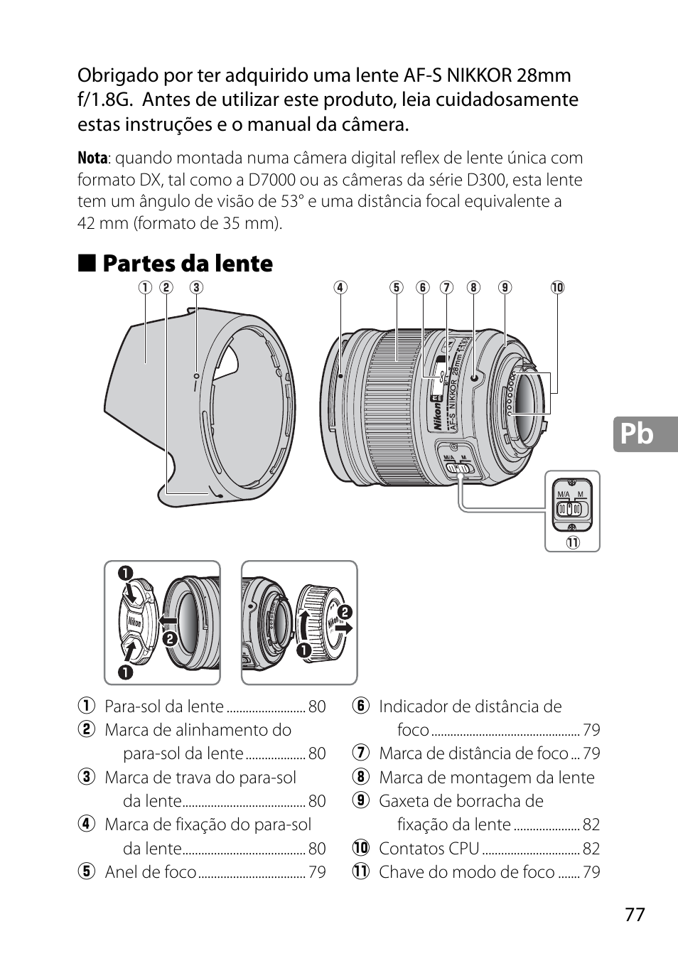 Partes da lente | Nikon 28mm-f-18G-AF-S-Nikkor User Manual | Page 77 / 176