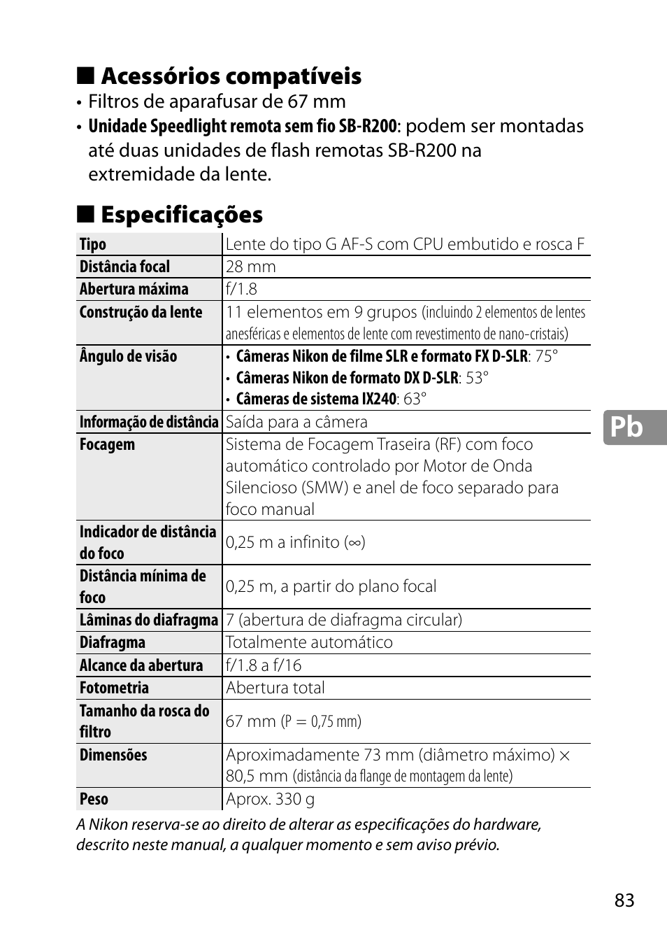 Acessórios compatíveis, Especificações | Nikon 28mm-f-18G-AF-S-Nikkor User Manual | Page 83 / 176