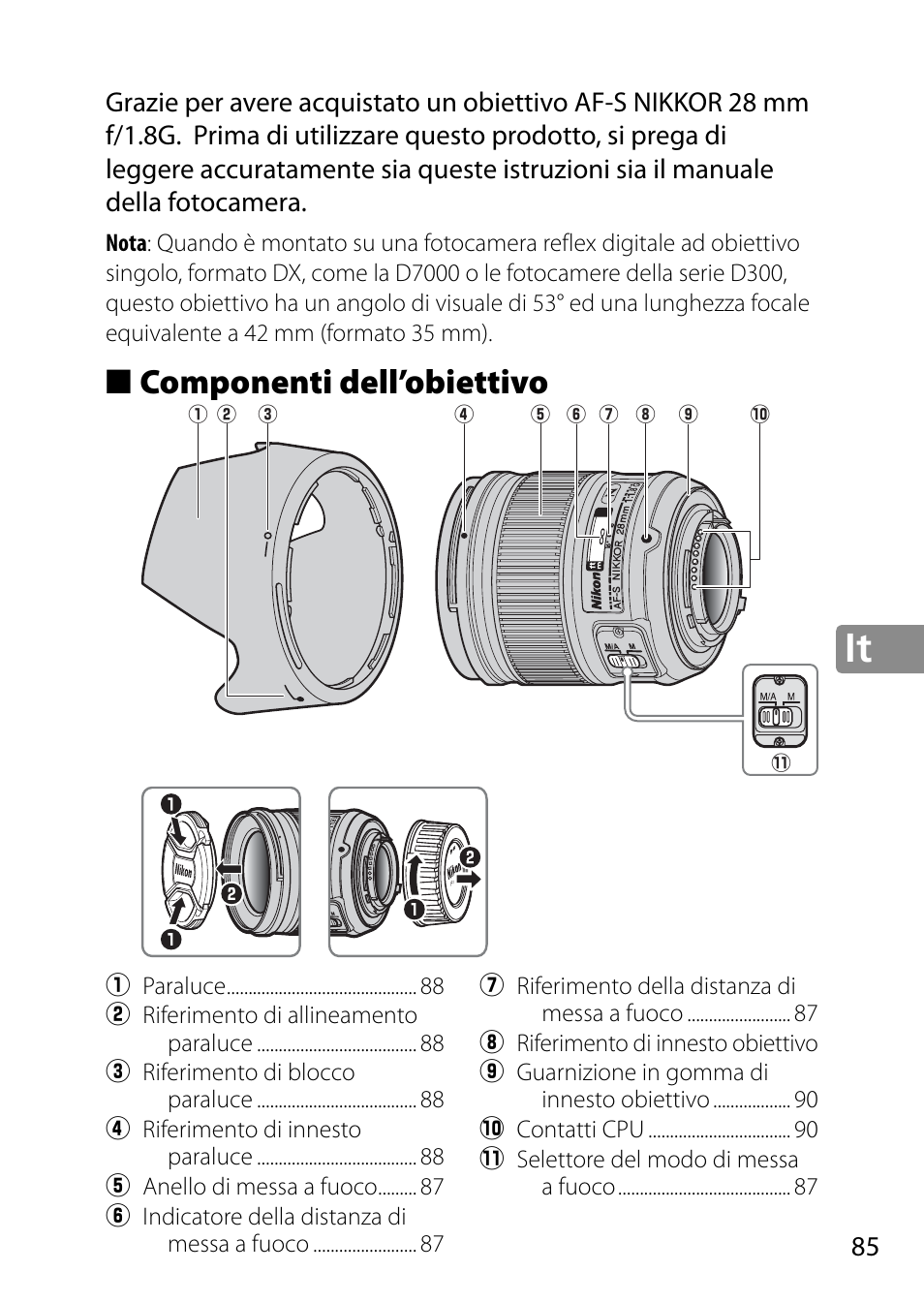 Componenti dell’obiettivo | Nikon 28mm-f-18G-AF-S-Nikkor User Manual | Page 85 / 176