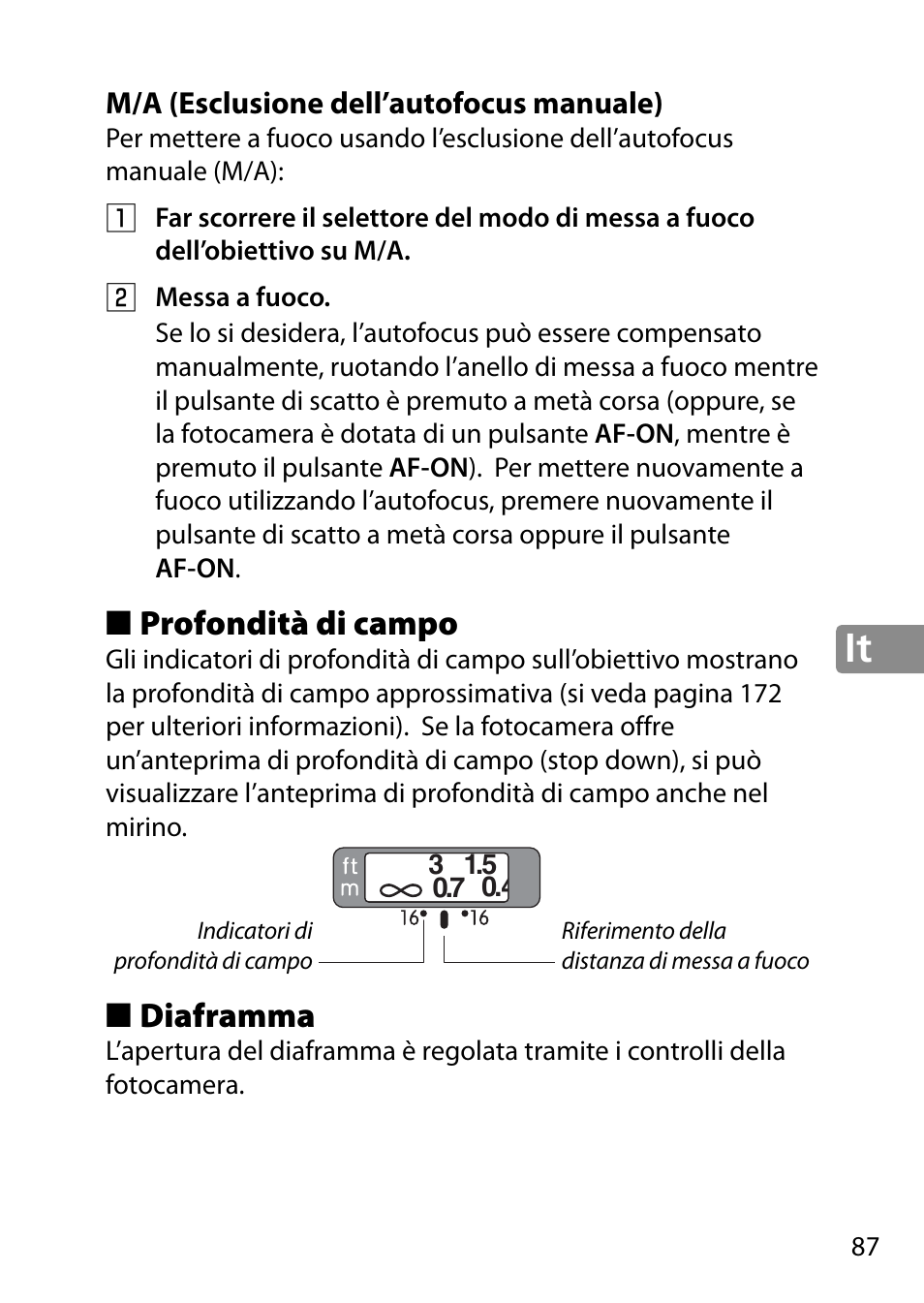 M/a (esclusione dell’autofocus manuale), Profondità di campo, Diaframma | Nikon 28mm-f-18G-AF-S-Nikkor User Manual | Page 87 / 176