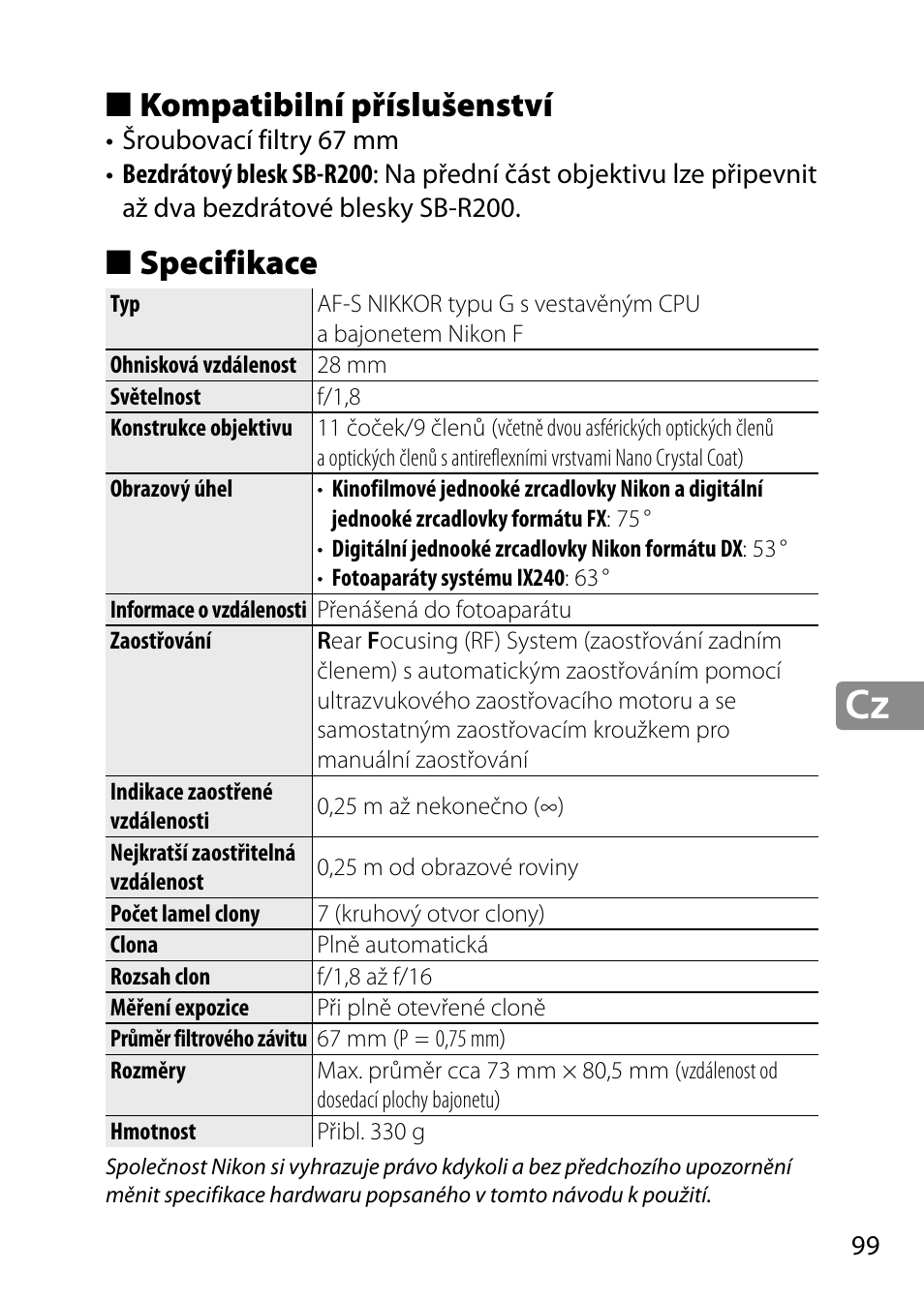 Kompatibilní příslušenství, Specifikace | Nikon 28mm-f-18G-AF-S-Nikkor User Manual | Page 99 / 176