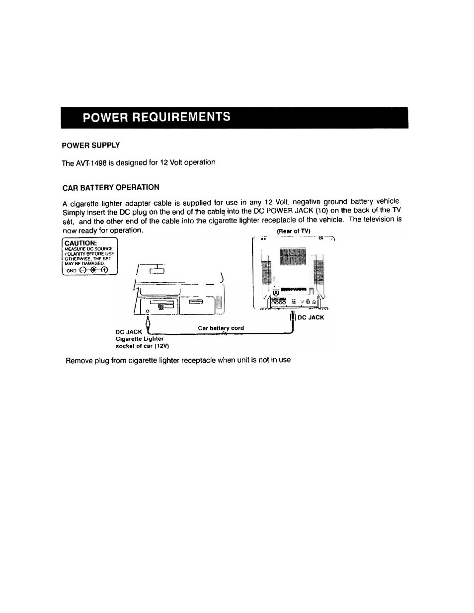 Power requirements | Audiovox AVT 1498 User Manual | Page 8 / 11