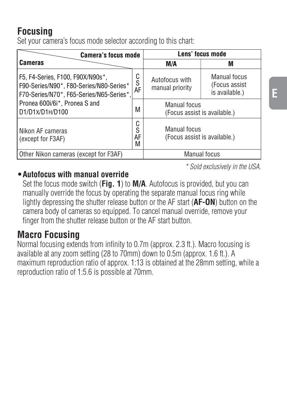 Focusing, Macro focusing | Nikon 28-70mm-f-28D-ED-IF-AF-S-Zoom-Nikkor User Manual | Page 13 / 53