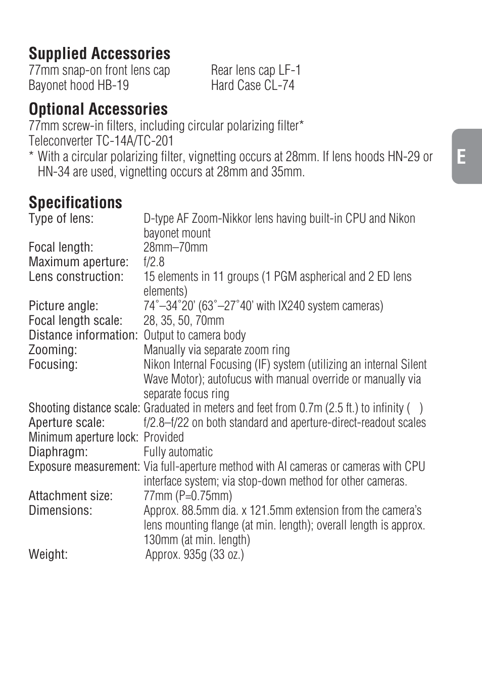 Supplied accessories, Optional accessories, Specifications | Nikon 28-70mm-f-28D-ED-IF-AF-S-Zoom-Nikkor User Manual | Page 17 / 53