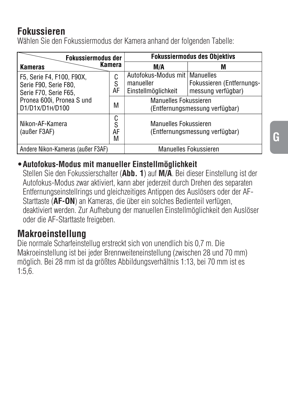 Fokussieren, Makroeinstellung | Nikon 28-70mm-f-28D-ED-IF-AF-S-Zoom-Nikkor User Manual | Page 19 / 53