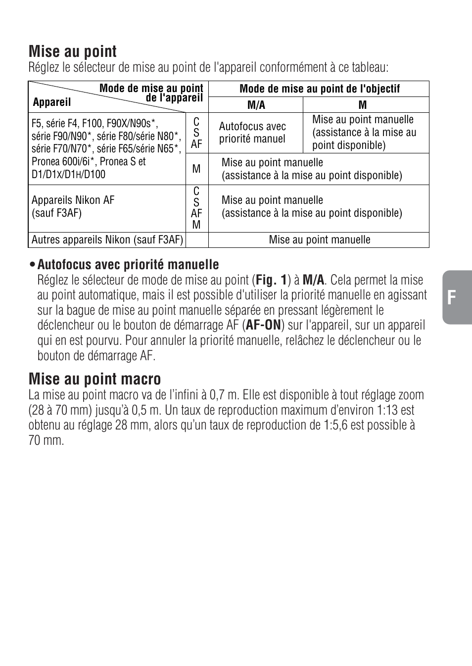 Mise au point, Mise au point macro | Nikon 28-70mm-f-28D-ED-IF-AF-S-Zoom-Nikkor User Manual | Page 25 / 53