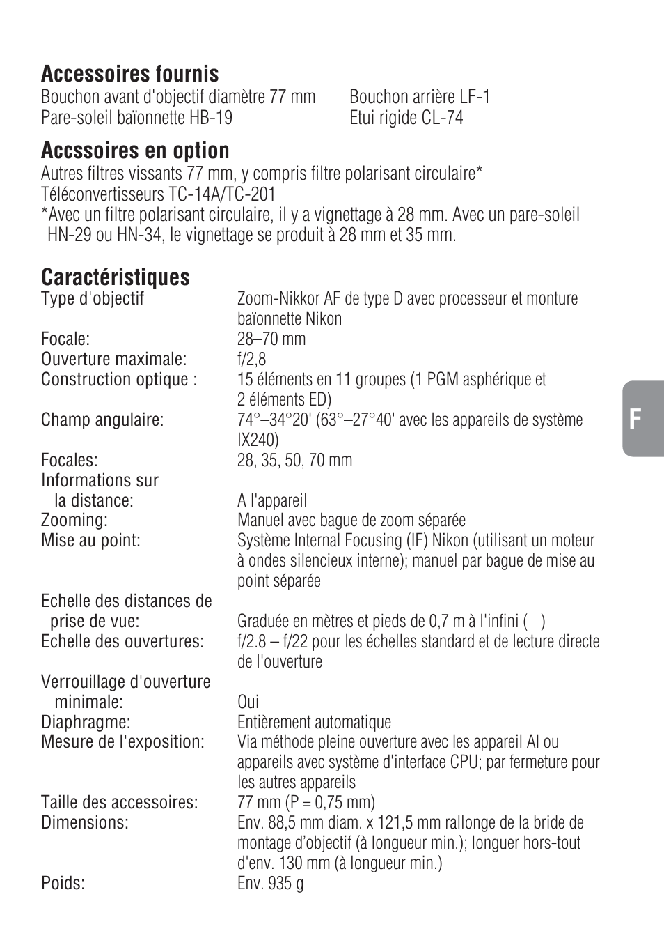 Accessoires fournis, Accssoires en option, Caractéristiques | Nikon 28-70mm-f-28D-ED-IF-AF-S-Zoom-Nikkor User Manual | Page 29 / 53