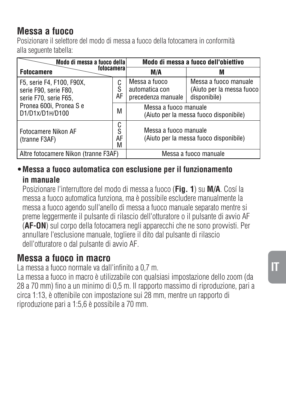 Messa a fuoco, Messa a fuoco in macro | Nikon 28-70mm-f-28D-ED-IF-AF-S-Zoom-Nikkor User Manual | Page 37 / 53