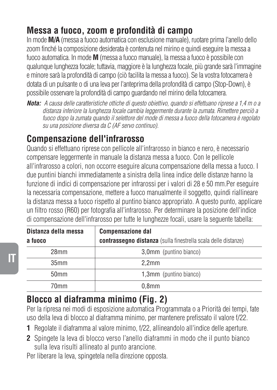 Messa a fuoco, zoom e profondità di campo, Compensazione dell'infrarosso, Blocco al diaframma minimo (fig. 2) | Nikon 28-70mm-f-28D-ED-IF-AF-S-Zoom-Nikkor User Manual | Page 38 / 53