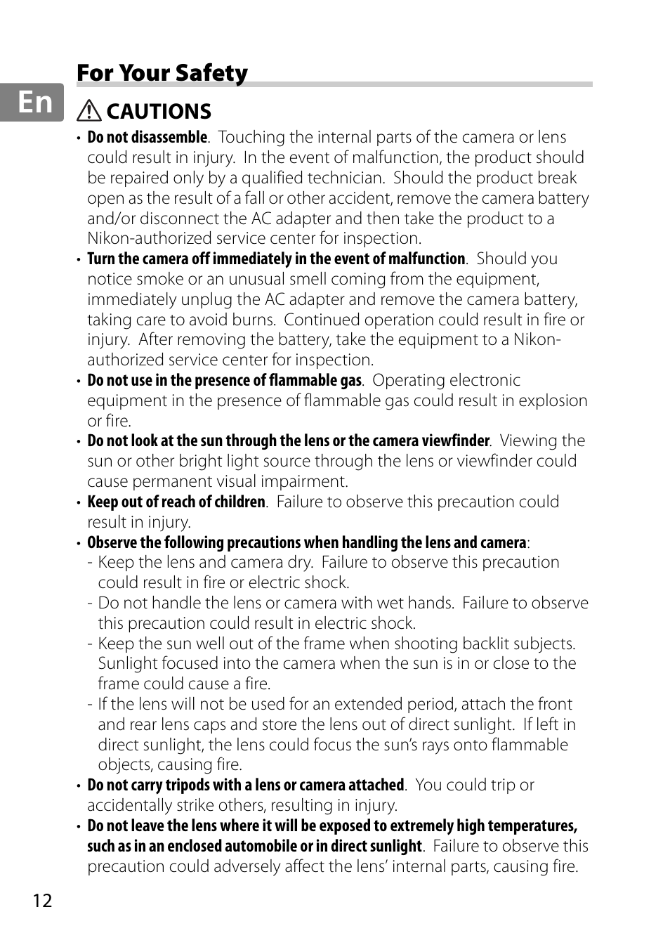 For your safety, Cautions, Jp en de fr es sv ru nl it cz sk ro ua ck ch kr | Nikon 35mm-f-14G-AF-S-Nikkor User Manual | Page 12 / 140