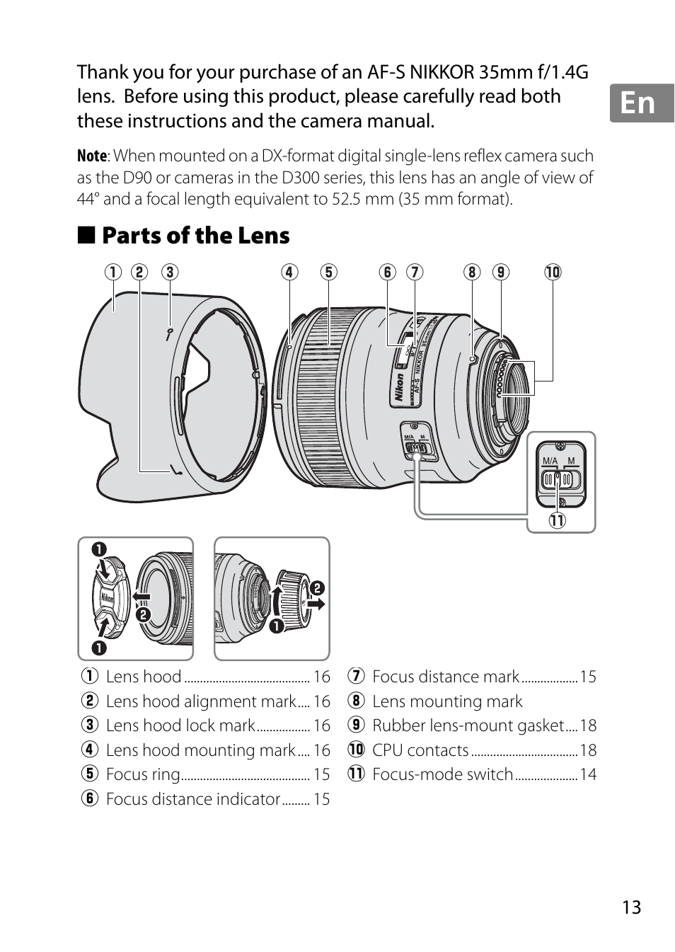 Parts of the lens, Jp en de fr es sv ru nl it cz sk ro ua ck ch kr | Nikon 35mm-f-14G-AF-S-Nikkor User Manual | Page 13 / 140