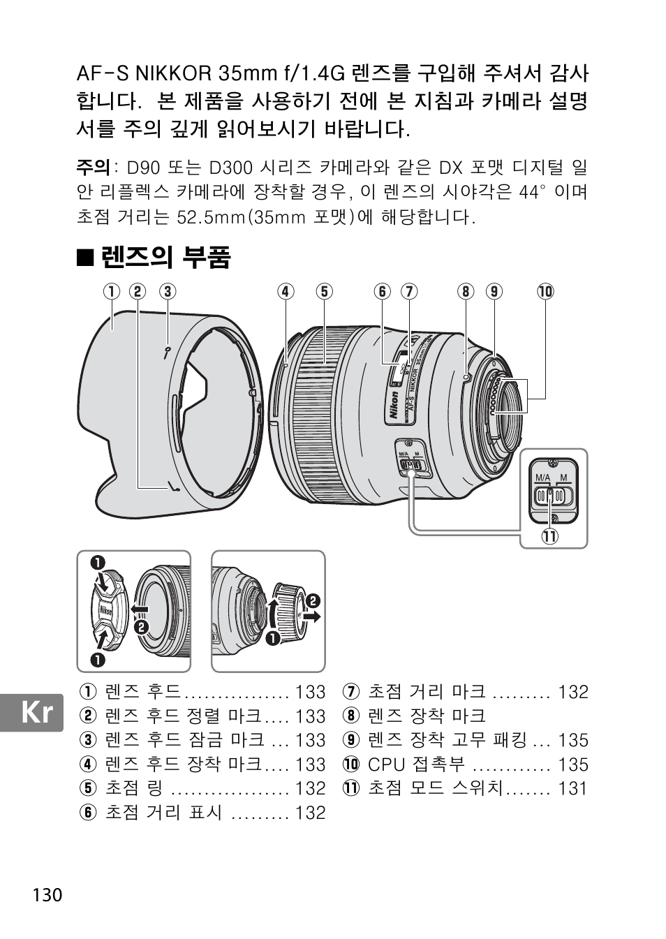 렌즈의 부품, Jp en de fr es sv ru nl it cz sk ro ua ck ch kr | Nikon 35mm-f-14G-AF-S-Nikkor User Manual | Page 130 / 140