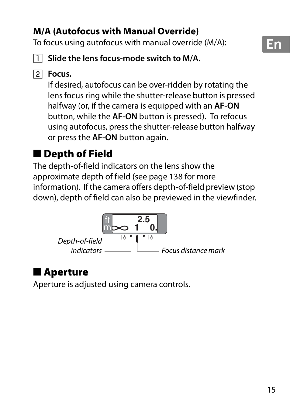 M/a (autofocus with manual override), Depth of field, Aperture | Jp en de fr es sv ru nl it cz sk ro ua ck ch kr | Nikon 35mm-f-14G-AF-S-Nikkor User Manual | Page 15 / 140