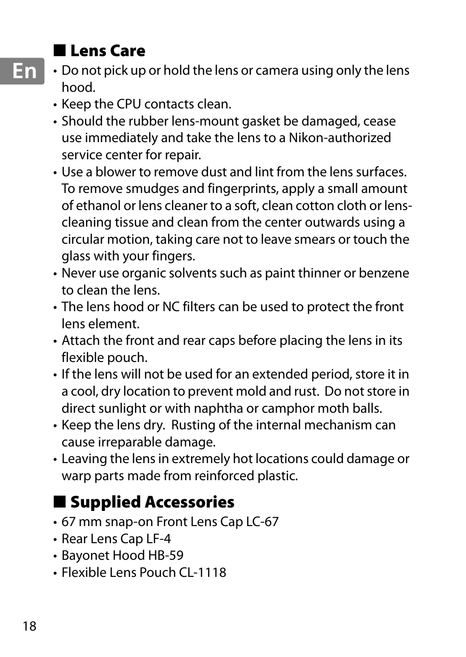 Lens care, Supplied accessories, Jp en de fr es sv ru nl it cz sk ro ua ck ch kr | Nikon 35mm-f-14G-AF-S-Nikkor User Manual | Page 18 / 140