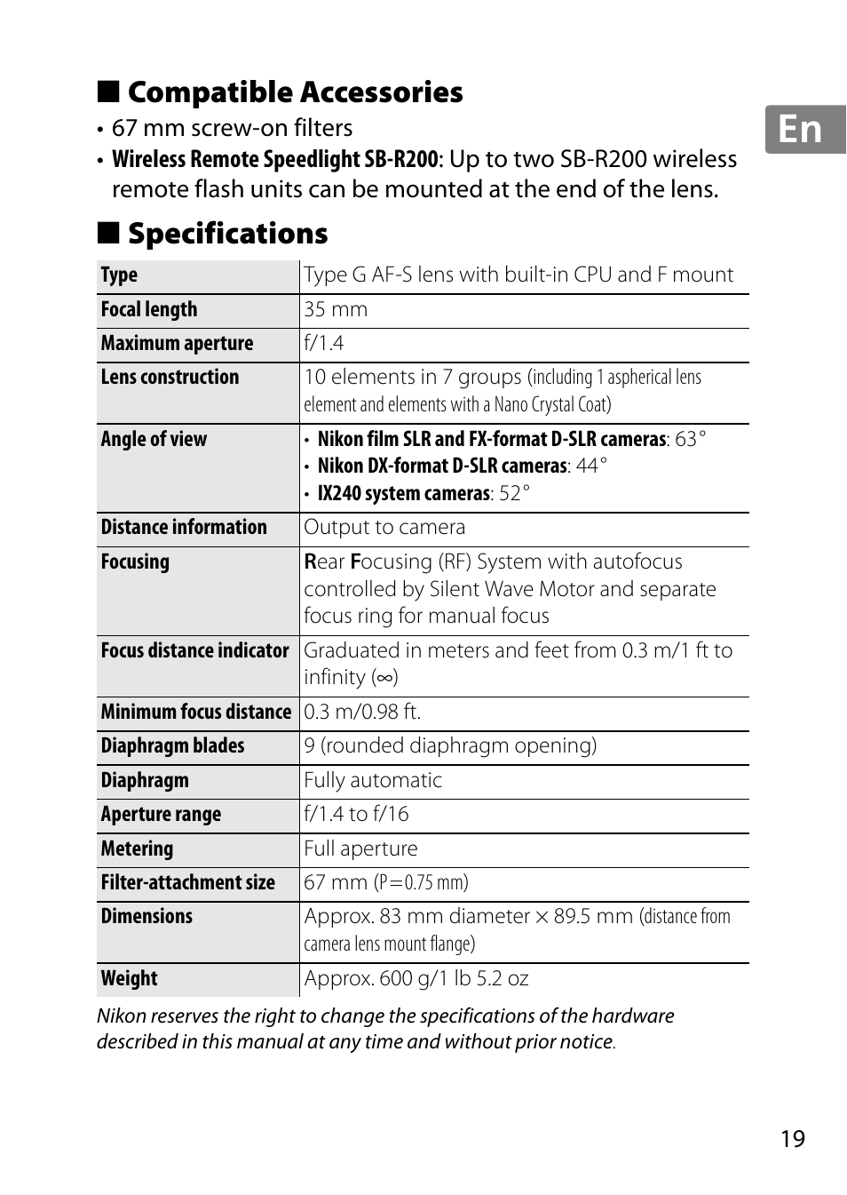 Compatible accessories, Specifications, Jp en de fr es sv ru nl it cz sk ro ua ck ch kr | Nikon 35mm-f-14G-AF-S-Nikkor User Manual | Page 19 / 140