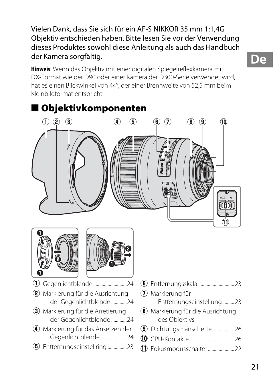 Objektivkomponenten, Jp en de fr es sv ru nl it cz sk ro ua ck ch kr | Nikon 35mm-f-14G-AF-S-Nikkor User Manual | Page 21 / 140