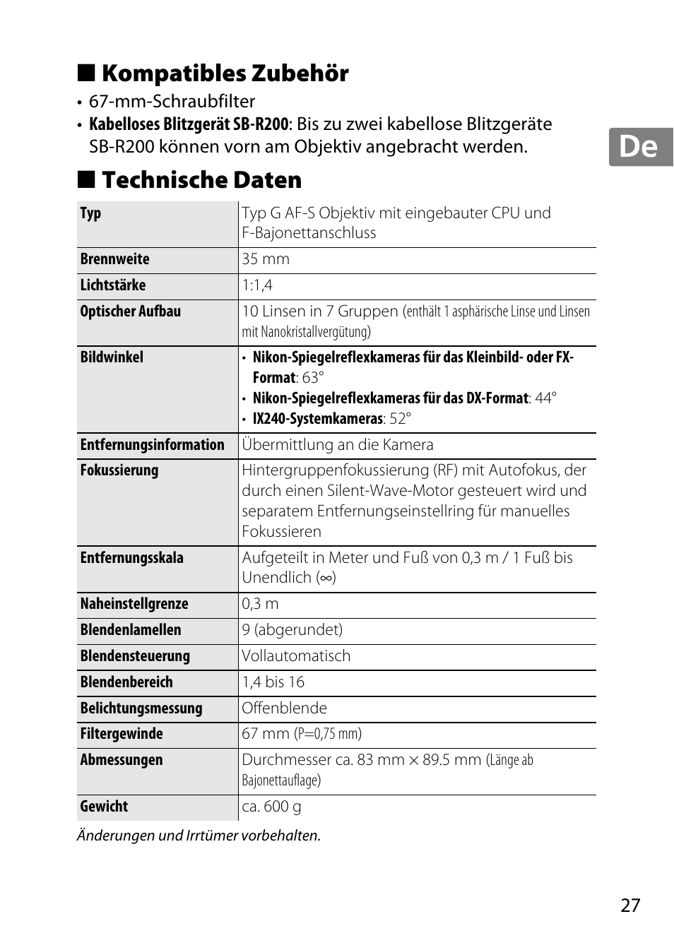 Kompatibles zubehör, Technische daten, Jp en de fr es sv ru nl it cz sk ro ua ck ch kr | Nikon 35mm-f-14G-AF-S-Nikkor User Manual | Page 27 / 140