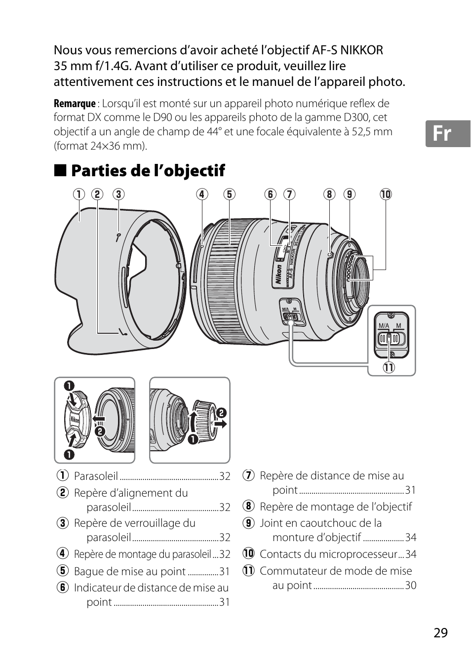 Parties de l’objectif, Jp en de fr es sv ru nl it cz sk ro ua ck ch kr | Nikon 35mm-f-14G-AF-S-Nikkor User Manual | Page 29 / 140