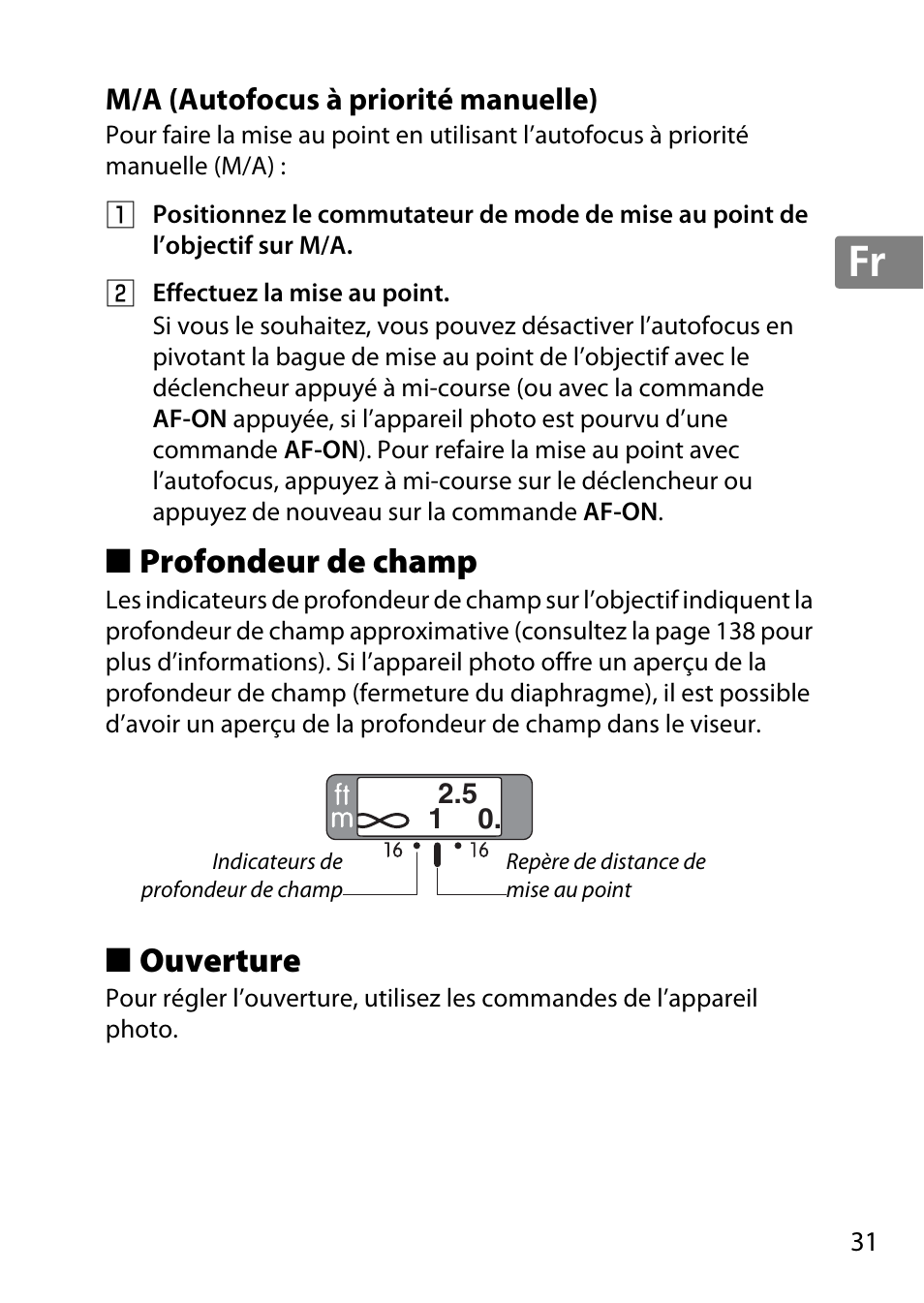 M/a (autofocus à priorité manuelle), Profondeur de champ, Ouverture | Jp en de fr es sv ru nl it cz sk ro ua ck ch kr | Nikon 35mm-f-14G-AF-S-Nikkor User Manual | Page 31 / 140