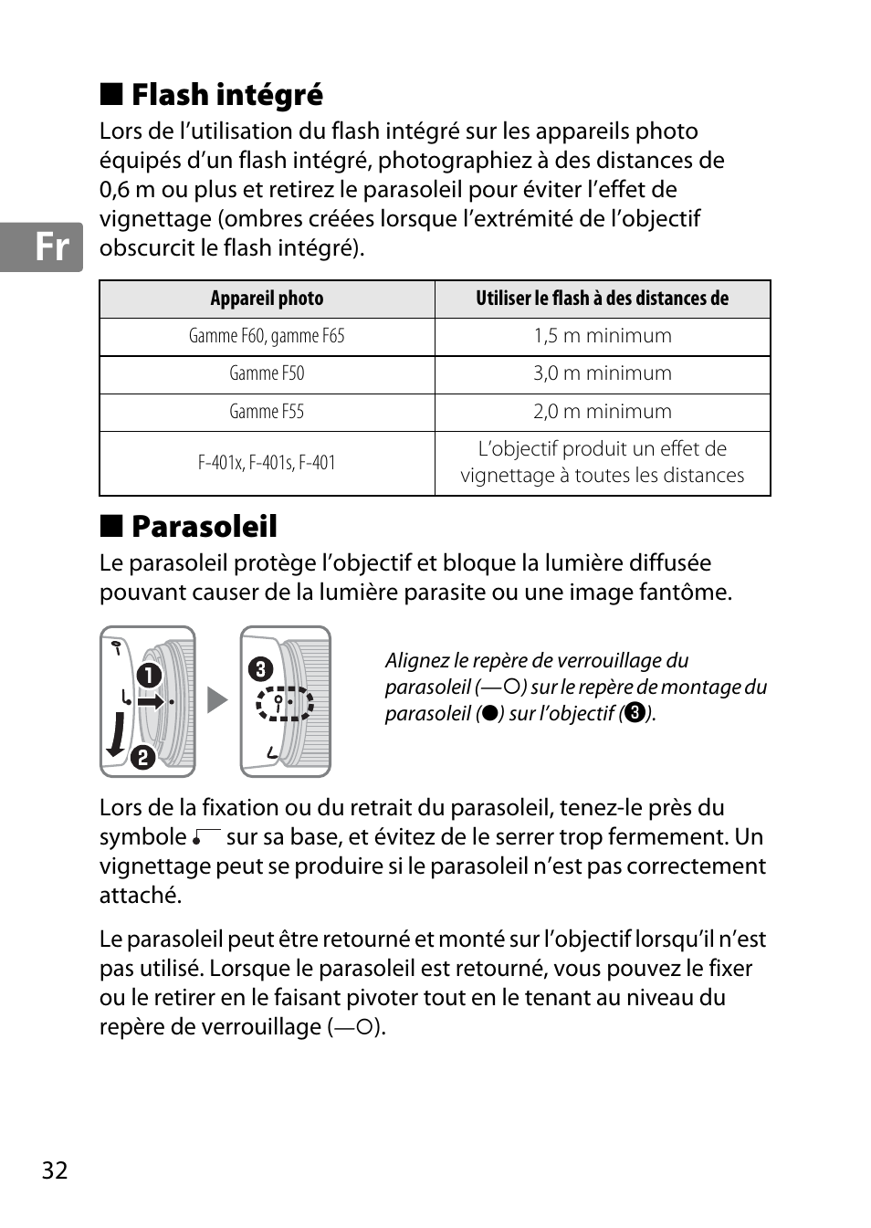 Flash intégré, Parasoleil, Jp en de fr es sv ru nl it cz sk ro ua ck ch kr | Nikon 35mm-f-14G-AF-S-Nikkor User Manual | Page 32 / 140