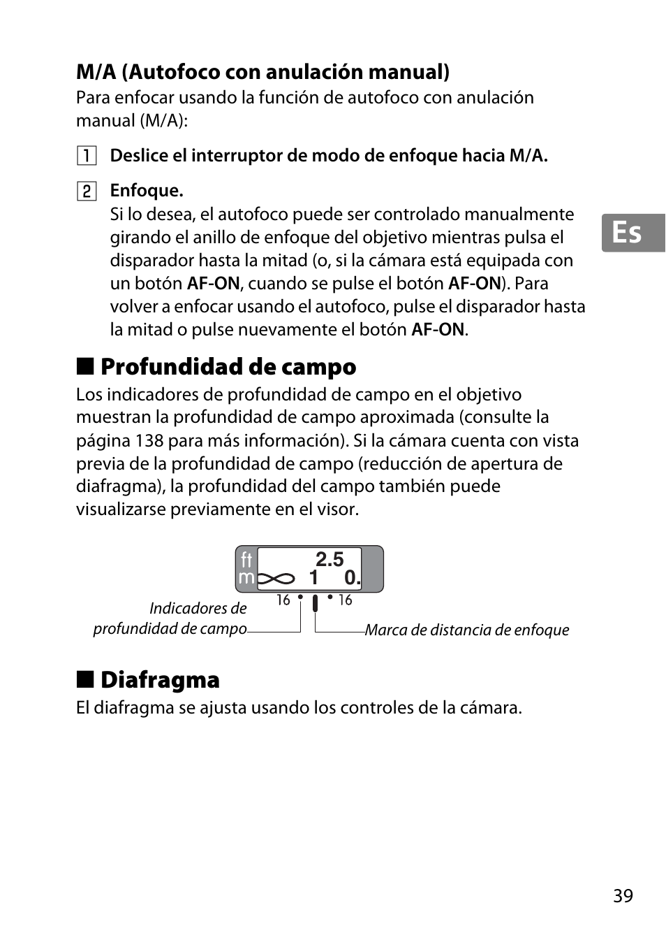 M/a (autofoco con anulación manual), Profundidad de campo, Diafragma | Jp en de fr es sv ru nl it cz sk ro ua ck ch kr | Nikon 35mm-f-14G-AF-S-Nikkor User Manual | Page 39 / 140